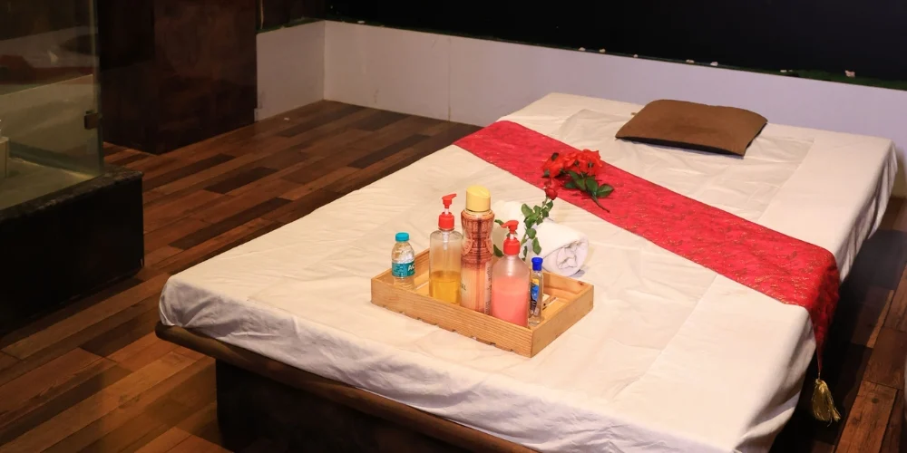 Massage bed prepared with fresh linen at Zeel Spa Powai